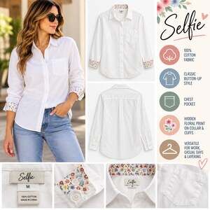 Selfie Women's White Button Up Shirt Small Cotton Floral Cuff Long Sleeve